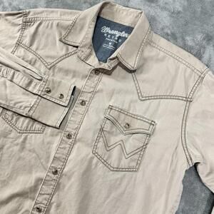 Wrangler Retro Premium Mens M Shirt Pearl Snap Beige Tan Long Sleeve Western
